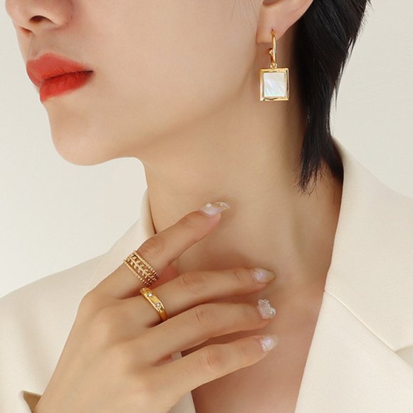 White Shell Geometric CC Hoop 18K Gold Plated Pendant Earrings Stainless Steel